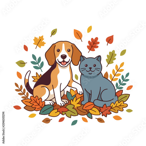 Beagle dog and British Shorthair cat sitting together in autumn leaves. Flat design vector illustration. Pets friendship concept isolated on white background