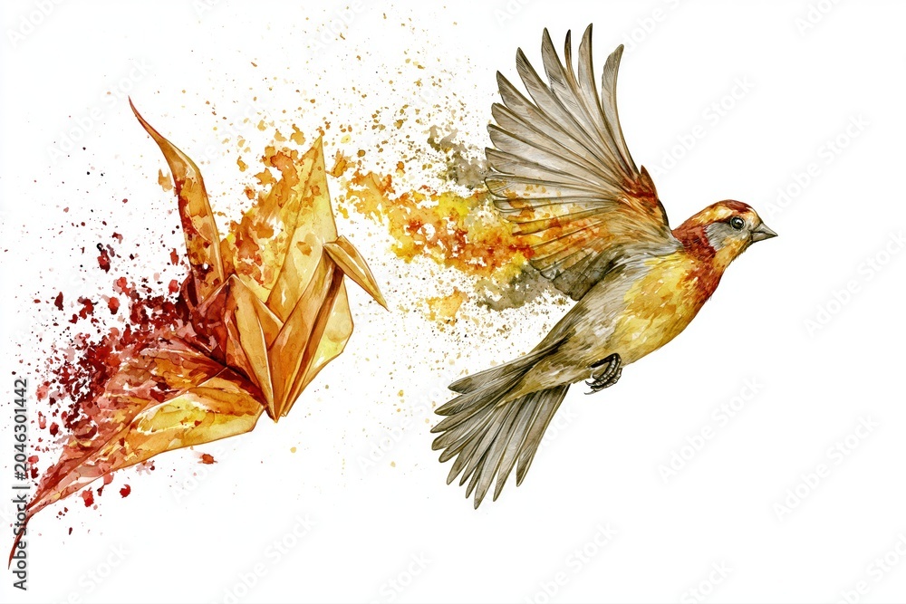 Fototapeta premium Watercolor bird transforming from origami crane on white background