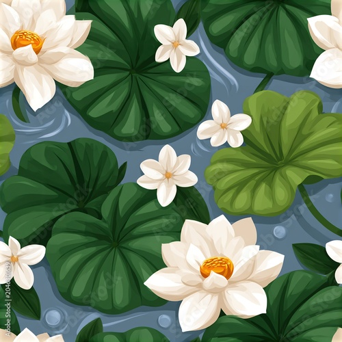 White lotus flowers and green lily pads float on calm water, creating a serene and natural aquatic scene.