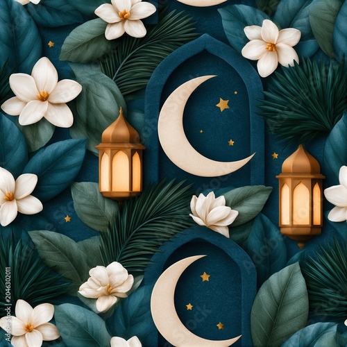 Elegant floral design with white flowers, green leaves, crescent moons, stars, and glowing lanterns set against a dark background, creating a serene and mystical ambiance.