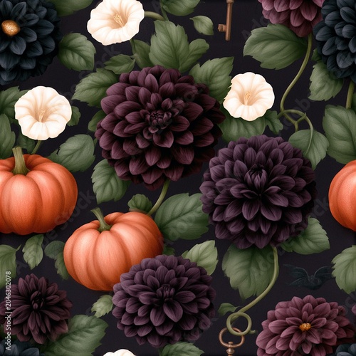 Dark floral pattern featuring deep purple dahlias, white morning glories, bright orange pumpkins, green leaves, vintage keys, and a small black spider on a black background.