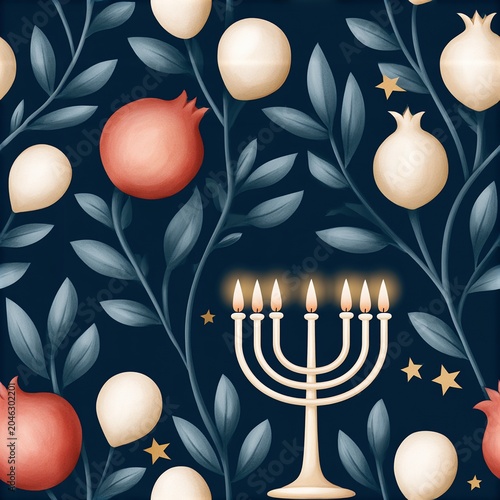 A menorah with lit candles surrounded by pomegranates, leaves, and stars on a dark blue background, symbolizing a festive and traditional Jewish celebration.