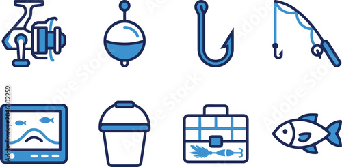 Schilderij op canvas Fishing equipment and echo sounder fish finder blue line icons vector set