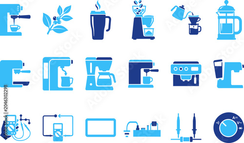 Fotografi Collection of coffee making equipment icons showing various brewing machines espresso makers and fresh bean plants