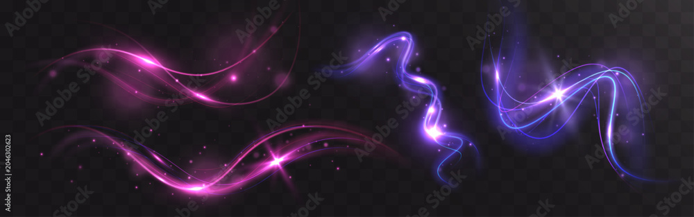 Fototapeta premium Light Wave Collection with Glowing Energy Trails and Abstract Purple Blue Particle Effects 