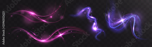 Light Wave Collection with Glowing Energy Trails and Abstract Purple Blue Particle Effects
