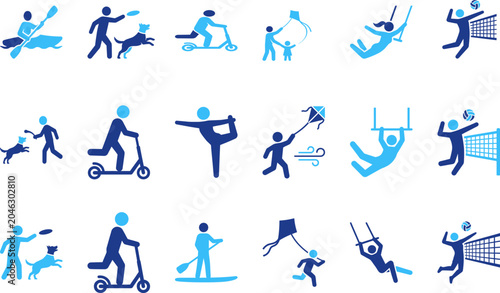 Obraz na płótnie Group of simple blue icons depicting outdoor recreational activities and healthy lifestyle choices