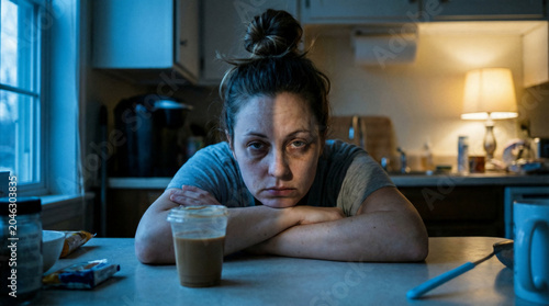 Sad tired woman with dark circle under eye sitting alone at kitchen table during winter morning as symbol of seasonal affective disorder depression fatigue and mental exhaustion
