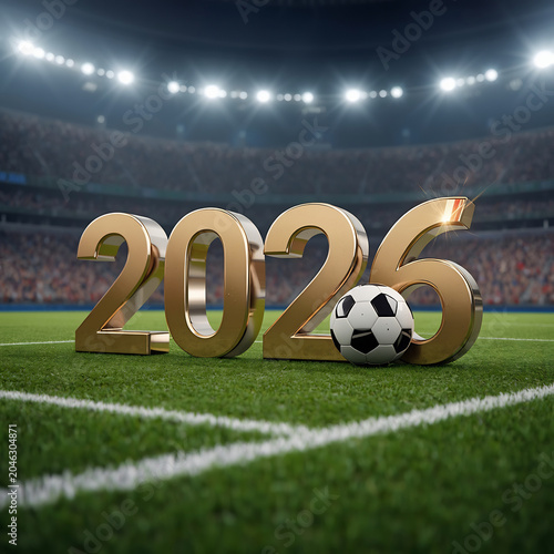 Soccer Field with 2026 Gold Numbers and Ball