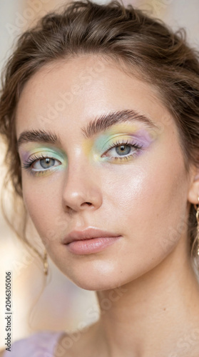 Beautiful young caucasian woman with pastel rainbow eyeshadow and natural glowing skin posing for organic cosmetic brand campaign or soft springtime look tutorial