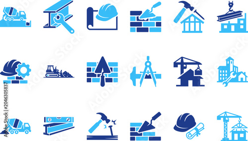 Fotografia Construction industry icons set with tools equipment vehicles buildings and hard hats in blue color