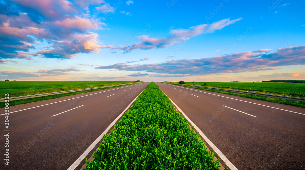 Fototapeta premium Highway with green median strip dividing lanes under blue sky and clouds