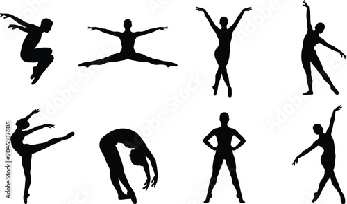 Tableau sur toile Dancer silhouettes in various poses against a white background silhouette