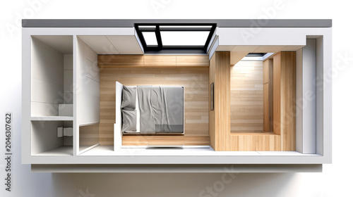 Aerial top view of a modern minimalist bedroom floor plan with wooden flooring, compact layout, comfortable bed and integrated bathroom bathed in natural light and skylight design