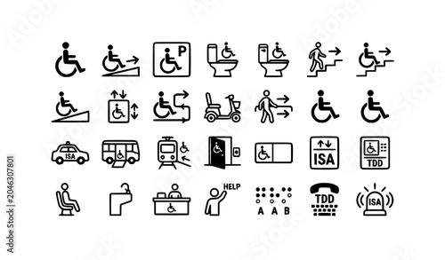 Wheelchair accessibility icon set with disabled person handicap access and mobility support symbols black and white vector