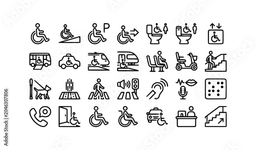 Modern wheelchair accessibility icon pack with handicap parking and transport symbols
