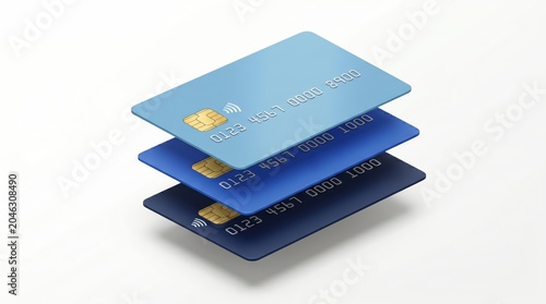 Set of three blue credit cards floating on white background, 3D illustration