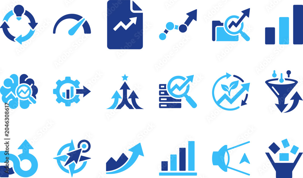 Fototapeta premium Business growth and analytics icons visualizing progress data charts and performance metrics.