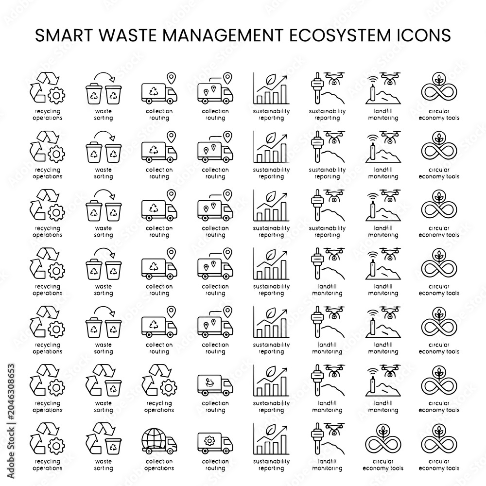 Obraz premium Waste Management Ecosystem Icons Flat Vector Illustration With Green And Blue Tones
