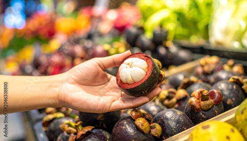 A hand holds a ripe mangosteen, revealing its white, succulent flesh amidst a vibrant display of exotic fruits. This tropical delight, with its deep purple rind, is a symbol of nature's sweet bounty