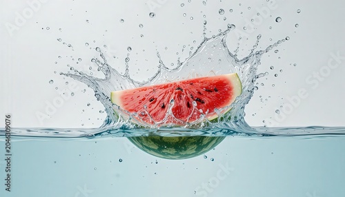 A slice of watermelon splashing into a pool of clear water, creating a dynamic and refreshing scene.