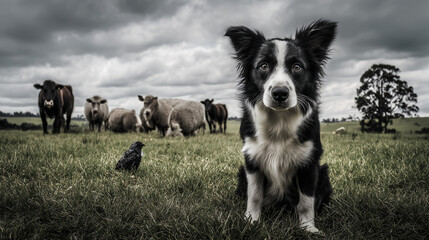 Border collie sitting attentively in a grassy field facing the viewer ,cows, cutie puppy, kitten, sheep, parrot, lizard, photo style