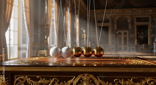 Shiny Newton Cradle Resting on Ornate Wooden Table in Elegant Sunlit Interior