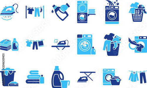 Bild auf Leinwand Collection of blue icons representing laundry services, washing machines, ironing, and clothing care