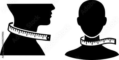 фотографія Two black silhouettes of human heads with measuring tapes around their necks on white background, representing neck measurement and sizing concept