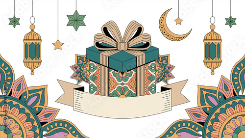 Decorative Islamic pattern with a gift box, crescent moon, stars, and lanterns on a white background