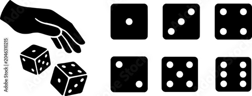 Schilderij op canvas Black silhouette of a hand dropping two dice onto a surface with six additional dice arranged in two rows, symbolizing chance and probability in a simple graphic illustration