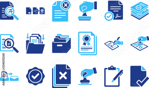 Set of documents and legal papers with stamps checks and signatures verifying authenticity and approval.