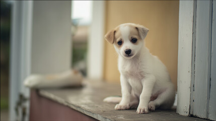Tiny puppy sitting on a porch and looking curiously at the camera ,cows, cutie puppy, kitten, sheep, parrot, lizard, photo style