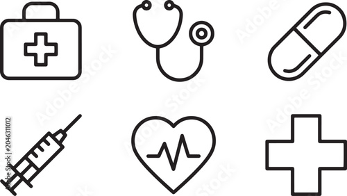 Collection of medical icons including a first aid kit, stethoscope, pill, syringe, heartbeat, and cross, perfect for healthcare and wellness themes.