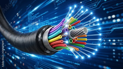 High speed fiber optic cable with glowing light strands on digital technology background