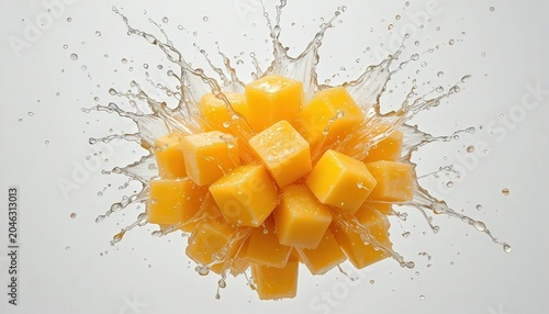 A vibrant splash of mango cubes in water on a clean background