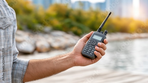 Adult man with portable radio by autumn river & trees. Outdoor communication, fall season
