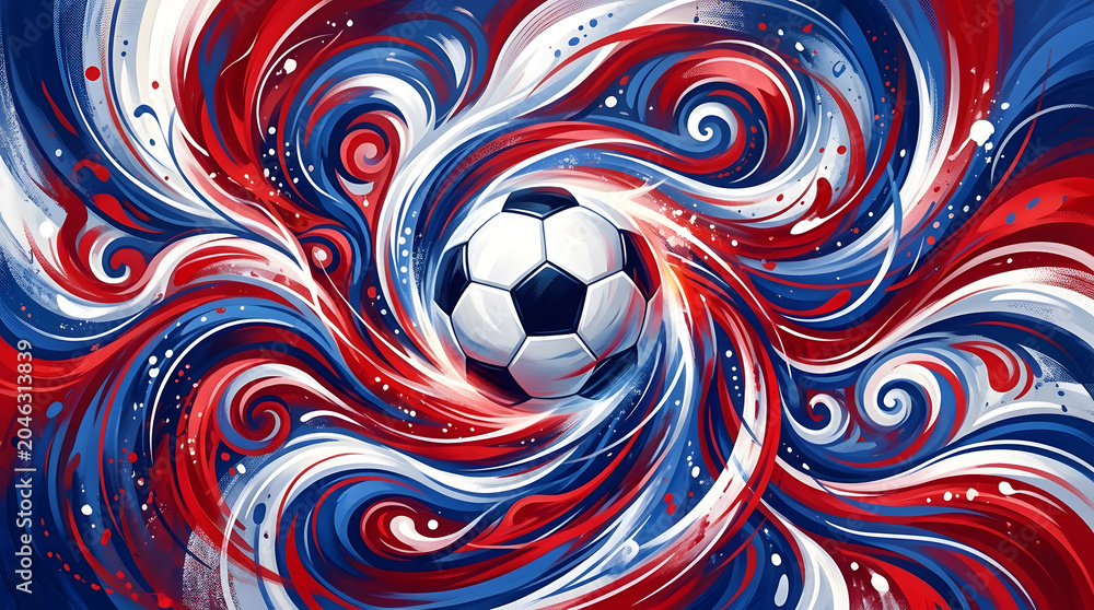 Fototapeta premium Vibrant soccer ball swirling in red, white, and blue abstract background with dynamic swirling patterns and splatters