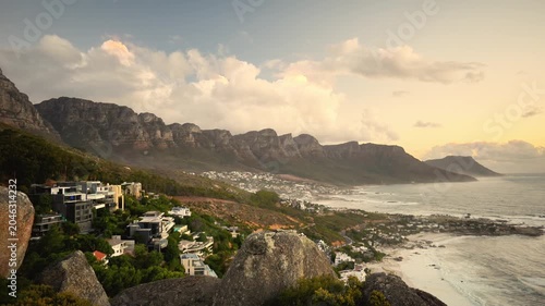 Cape Town Coastline At Golden Sunrise, Mountain Range And Rocky Headland Overlooking Atlantic Ocean, Rolling
