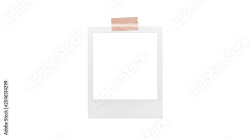A blank polaroid photo with a piece of tape on top isolated on transparent background