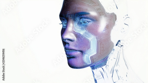 Humanoid AI Robot Face with Circuit Board Patterns and Digital Technology Concept 3D Rendering