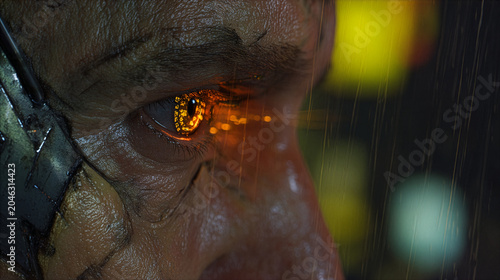 Cyberpunk Soldier Close-Up Eye Reflection City Lights Rain Futuristic Dystopian Warrior Concept Art