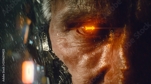 Cyberpunk Cyborg Face Closeup with Glowing Orange Mechanical Eye in Rain Dark Futuristic Science Fiction