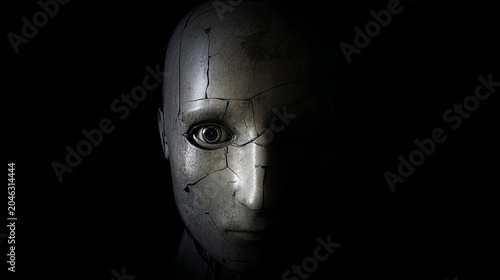 Cracked Metal Robot Face with Human Eye Emerging from Darkness - AI Artificial Intelligence Concept