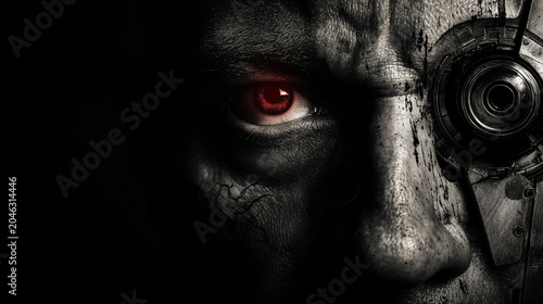 Dark Cyborg Face with Glowing Red Eye and Mechanical Implant Closeup Digital Art Sci-Fi Concept