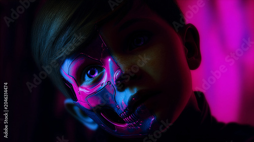 Cyberpunk with Futuristic Robotic Face Mask Glowing Neon Pink and Blue Light Portrait