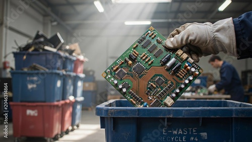 Worker holding a circuit board over an ewaste recycling bin in a warehouse