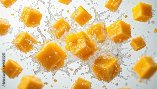A vibrant and dynamic image of mango cubes splashing in water
