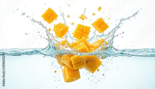 Fresh mango chunks splashing into clear water creating a dynamic and refreshing scene