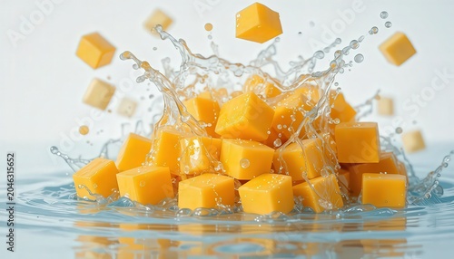 A pile of cubed mango splashing into a pool of water with droplets flying everywhere